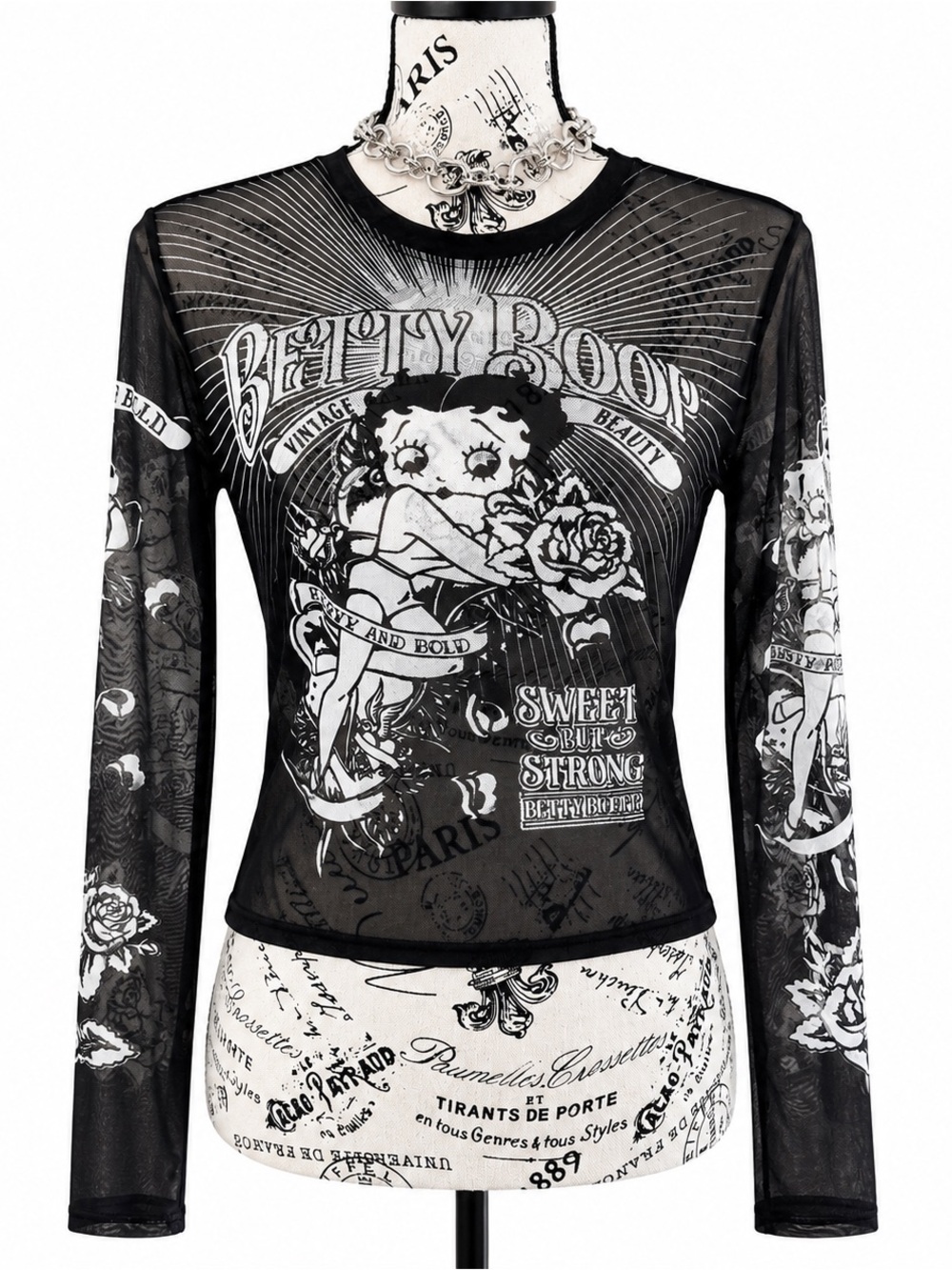 Betty Boop Black Sheer Graphic Long-Sleeve Tee